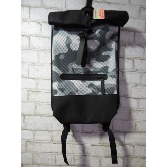 $155 Free People Movement x Rains Black Camo Roll Top Backpack NEW - Picture 1 of 9